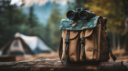 A rugged backpack with binoculars rests on a log, surrounded by a forest and a tent in the background, capturing the essence of outdoor adventure.