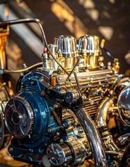 Close-up of a customized motorcycle engine.  Shiny metal parts, vibrant colors