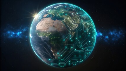 A futuristic view of Earth, illuminated by a star, with digital circuit patterns overlaying continents, symbolizing technology and connectivity.