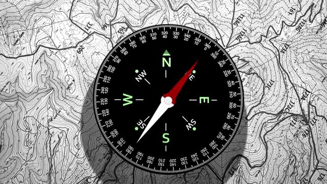 Close-up of navigational compass on map. Compass, map, direction. black compass with white nautical map background. nautical navigation tools. animation Modern Minimalist Compass Background.