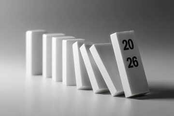 Domino Effect of 2026: An evocative image of a line of dominoes, culminating with the year 2026, symbolizing the cascading impact of events and the passage of time.