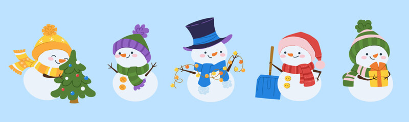 Set of cute Christmas snowmen. Traditional winter characters for celebrating Christmas and New Year. White kawaii happy and cheerful snowmen. Vector illustration