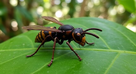 Macro photograph of a wasp on a green leaf outdoor natural lighting