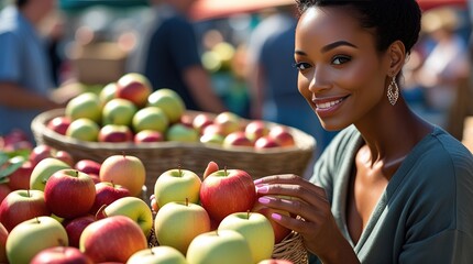 “woman-picking-fresh-apples-at-farmers-market”