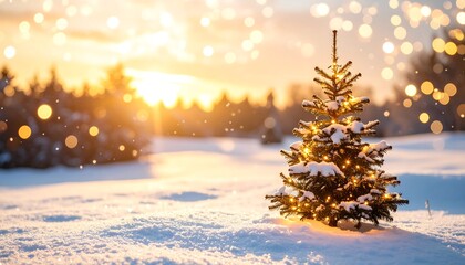 Snowy Christmas Tree in Winter Landscape at Sunset.
