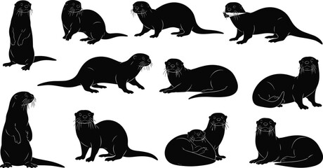 Otter silhouette collection, black animal shapes, wildlife poses, standing otters, sitting otters, walking otters, fish holding, nature illustration, vector art