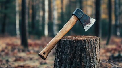 A rustic axe rests on a tree stump in a serene forest setting, with blurred trees in the background, evoking a sense of tranquility and nature.