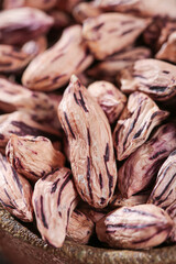 Colorful Dried Pinto Bean Kernels in Rustic Wooden Bowl - Farm Grown Legumes Food Photography