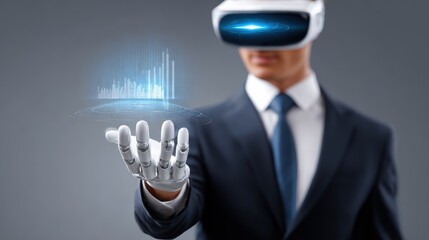 A man in a suit uses a VR headset, interacting with holographic data projected from a robotic hand, showcasing futuristic technology and innovation.