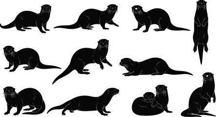 Otter silhouette illustration, black animal shapes, playful otters, standing, sitting, walking, lying down, vector wildlife, isolated on white