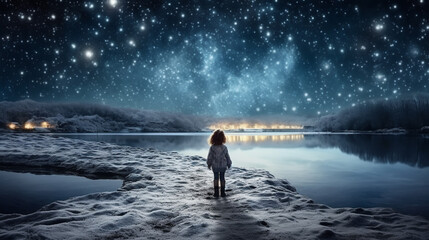 Obraz premium A girl walks on frozen ice lake looking into the distance at night