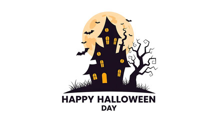 Spooky haunted house with bats and full moon for Halloween happy