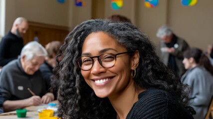 A smiling woman with curly hair enjoys a moment at a creative community event. 4k Video footage.