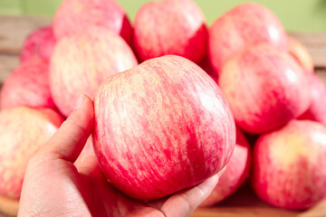 Hand Holding Fresh Red Fuji Apple from Xinjiang China - Premium Quality Fruit Harvest
