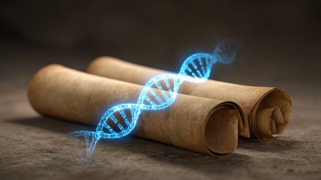 Ancient scrolls with a digital DNA strand overlay, symbolizing the intersection of history and modern genetics.