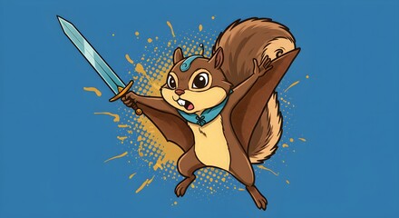 Cartoon squirrel warrior with sword on blue background vector illustration