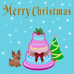 Christmas Cake Illustration with Reindeer and Tree on Sparkling Blue Background