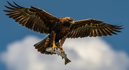 Magnificent eagle soaring with fish against a cloudy blue sky