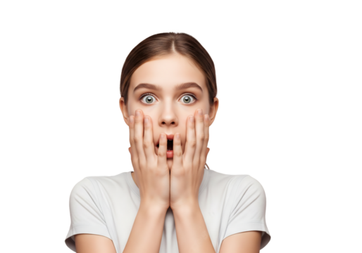 Young woman's face expresses pure shock and disbelief with wide eyes and hands covering her mouth in astonishment