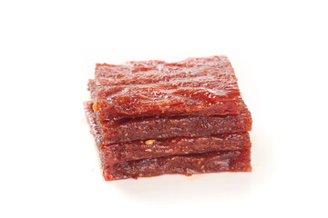 Spicy Chili Pepper Beef Jerky Stack with Meat Chunks and Burning Hot Seasonings
