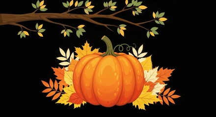Pumpkin and Autumn Leaves on a Black Background  
