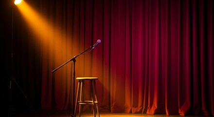 A microphone and wooden stool stand centered on a dark stage with red velvet curtains, illuminated dramatically by a single warm yellow spotlight.