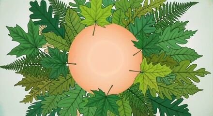 Botanical Frame of Stylized Green Leaves Around Peach Space  
