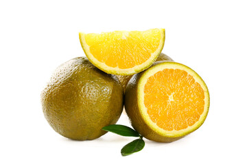Fresh Orange Citrus Fruit Sliced and Whole with Green Leaves on White Background