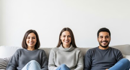Three diverse friends (two women and one man, mixed ethnicity) in casual sweaters and jeans sit smiling happily side-by-side on a light sofa against a white background.