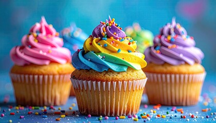 Close-up of four colorful cupcakes with rainbow frosting and sprinkles
