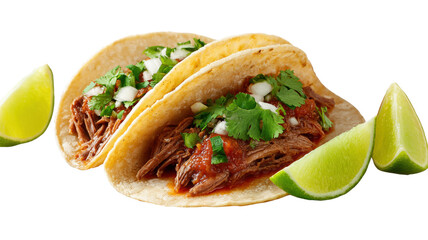 Top view of Mexican food Barbacoa Tacos isolated on a white background