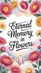 Colorful chrysanthemums create a vibrant frame for the phrase eternal memory in flowers, capturing an artistic and serene moment of remembrance. All Saints Day Spain