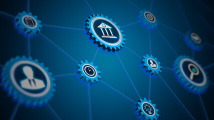 Business and technology icons connected through gears representing integrated systems, data analysis, and corporate network collaboration