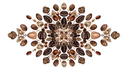 Kaleidoscopic arrangement of coffee beans and nuts isolated on white background