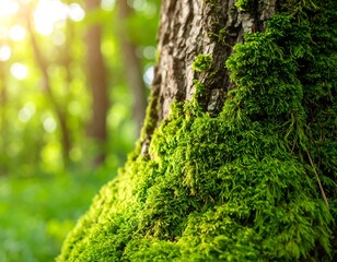 Moss-covered tree trunk in a sunlit forest