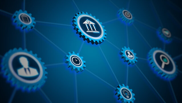 Business and technology icons connected through gears representing integrated systems, data analysis, and corporate network collaboration