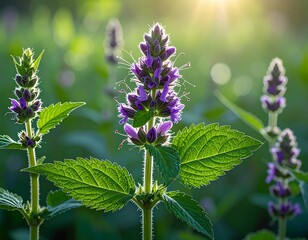 Vibrant purple flowers in sunlit meadow