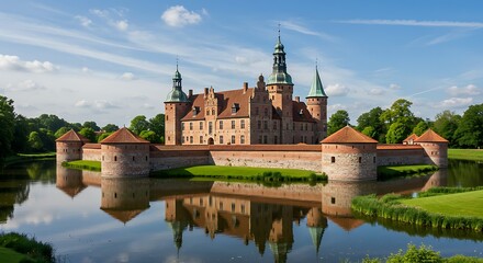 Majestic brick castle reflected in calm water on a sunny day