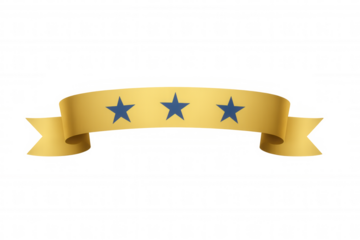 Golden ribbon banner with three blue stars symbolising premium quality and achievement on transparent background