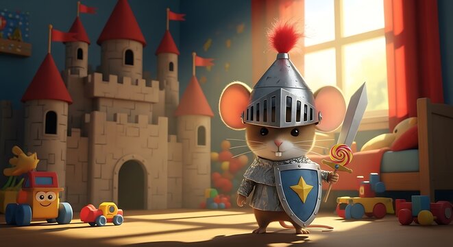 Adorable mouse knight guarding his candy sword and castle in a whimsical children's bedroom, perfect for storybooks or imaginative play themes