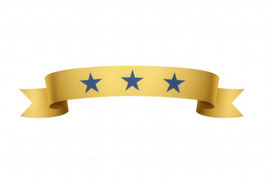 Golden ribbon banner with three blue stars symbolising premium quality and achievement on transparent background