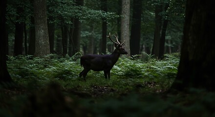 Majestic deer in dark forest sunlight wildlife nature scene copy space