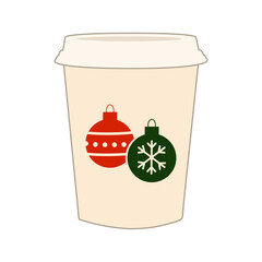 Holiday coffee cup with Christmas ornaments, red ball and green snowflake, perfect for festive season designs