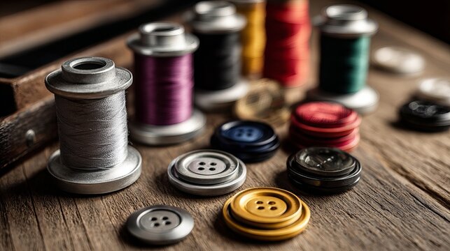 Close-up of colorful sewing threads and buttons on a wooden surface, creating a warm and inviting craft atmosphere. - Powered by Adobe