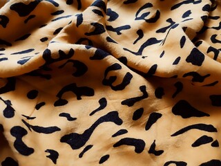 The pattern and background of the yellow fabric with black dots resembles leopard skin.