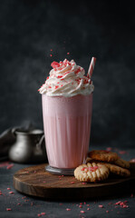A pink milkshake with white cream and red decoration