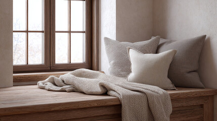 Cozy Window Seat with Pillows and Blanket