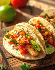 Close-up of three fish tacos on a wooden board, with toppings and fresh ingredients