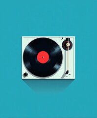 Obraz premium Turntable Silhouette: A sleek turntable, with a spinning vinyl record casting a distinctive shadow on a vibrant backdrop, a nostalgic nod to music and artistry.