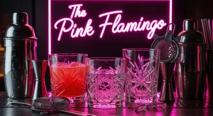 Stickers Bar A luminous cocktail preparation display features vintage glasses and metallic tools showcasing  © rahma